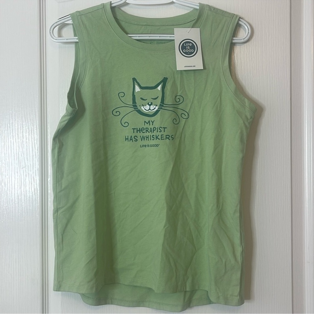 Life is Good Muscle Tank Top Classic My Therapist has Whiskers Green Small - Picture 1 of 12